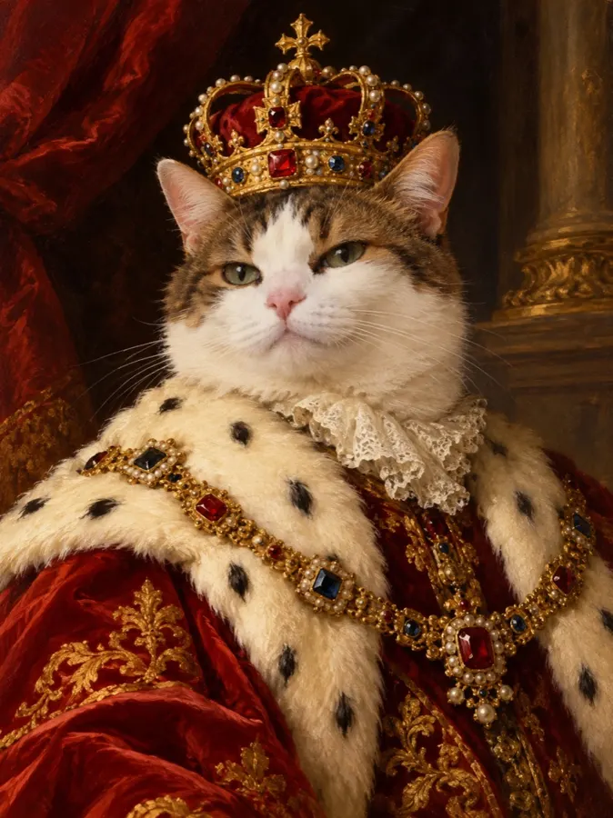 A brown tabby and white cat painted as a Renaissance king in an ermine robe and gold crown
